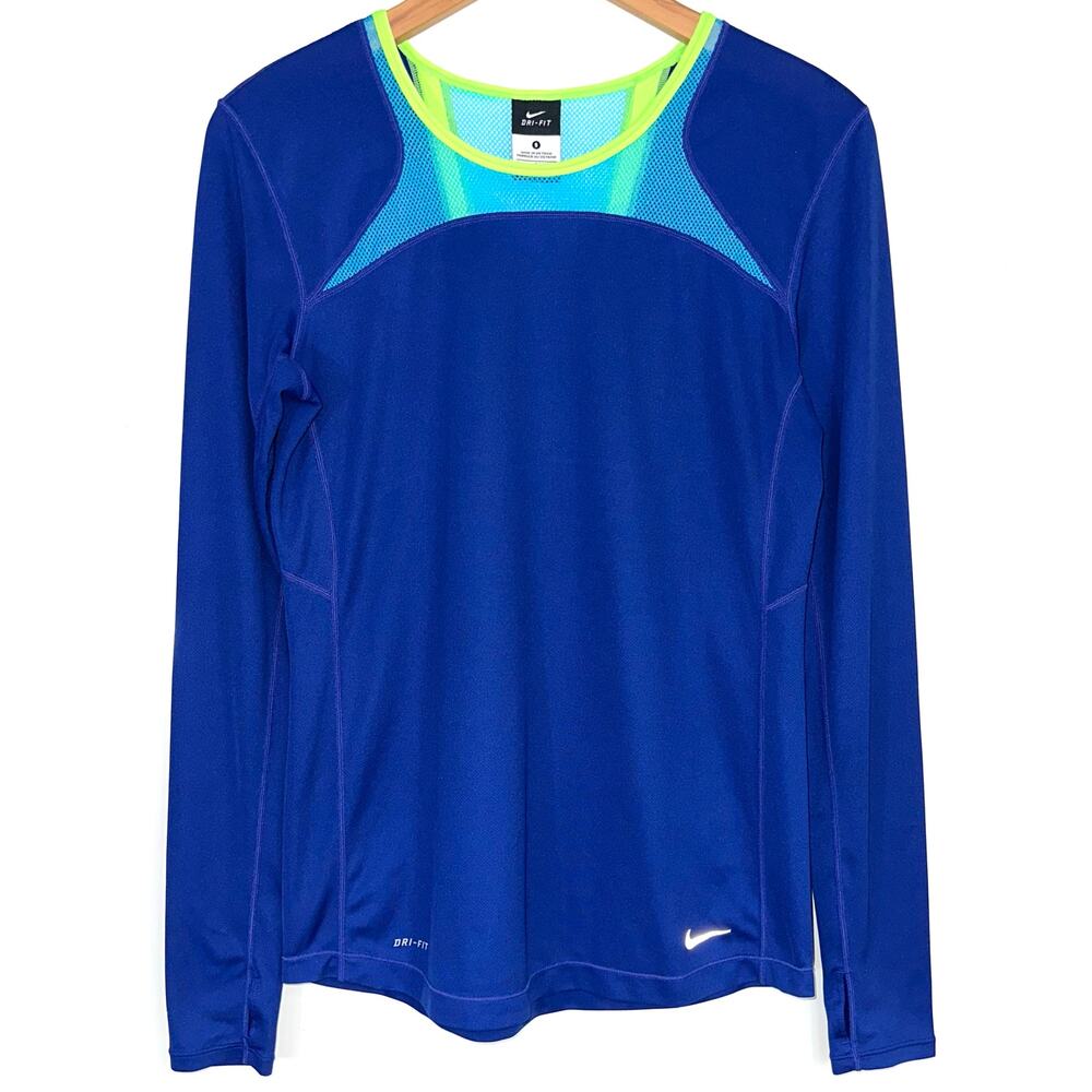 Nike Dri-Fit Women’s Blue Mesh Neon Long Sleeve Athletic Shirt Size Small